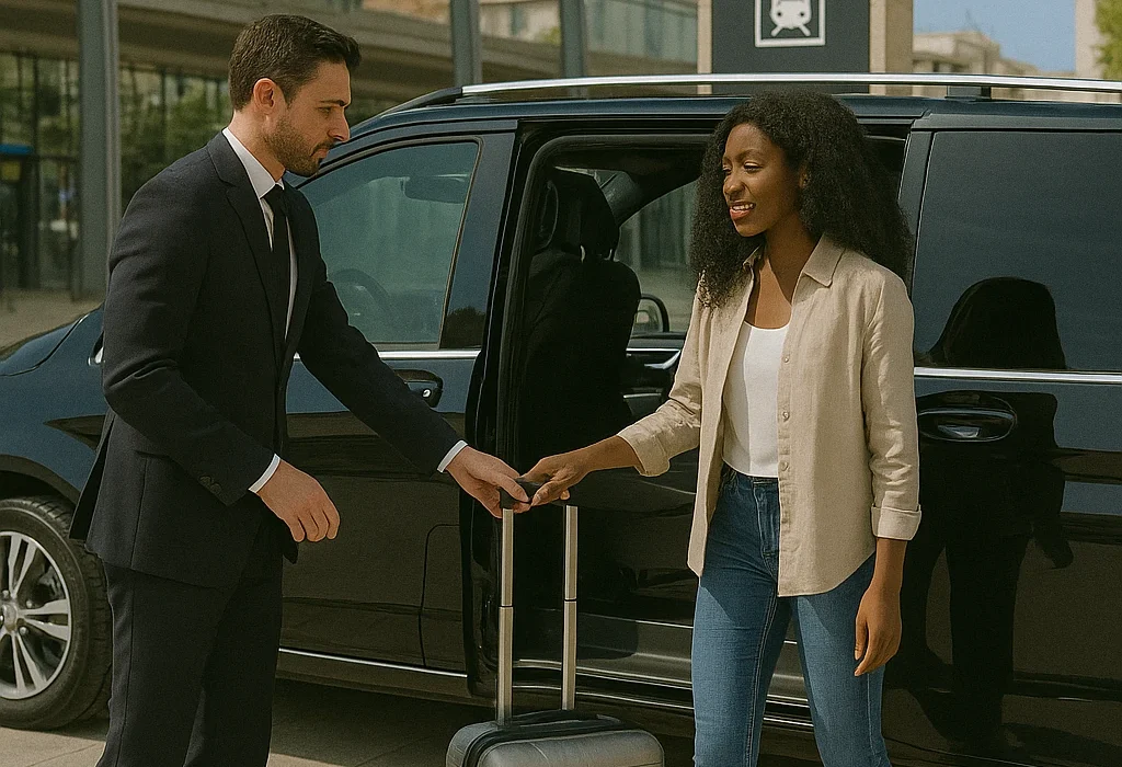 Chauffeur privé aidant une passagère à la Gare Saint-Roch de Montpellier, devant un van Mercedes Classe V