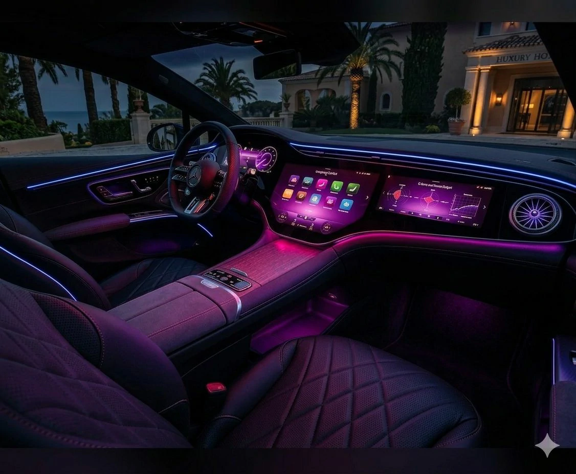 Intérieur Mercedes EQS 450+ — éclairage ambiance violet, MBUX Hyperscreen, DCS VTC chauffeur privé